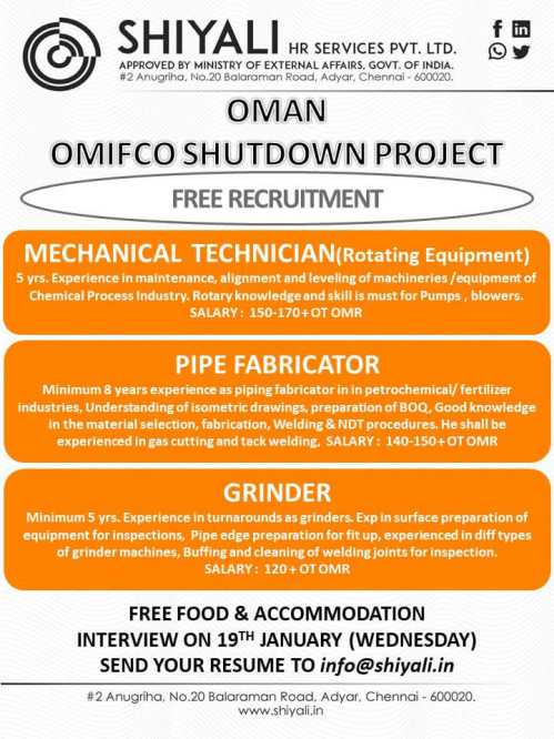 Oman job vacancy - Omifco Shtudown Project