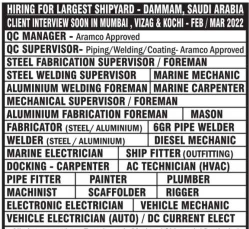 Read more about the article Dammam, Saudi Arabia jobs | Hiring for the Largest shipyard