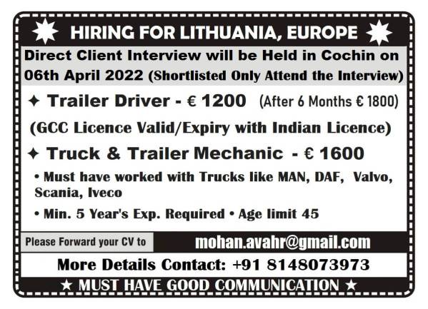 Foreign Job | Job vacancy for Gulf & Europe