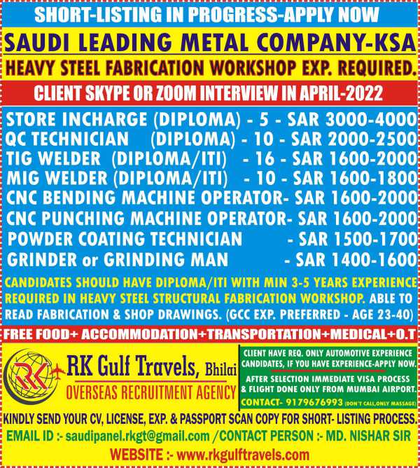 RK Gulf Travels | Job Vacancy for Saudi Arabia - 100+