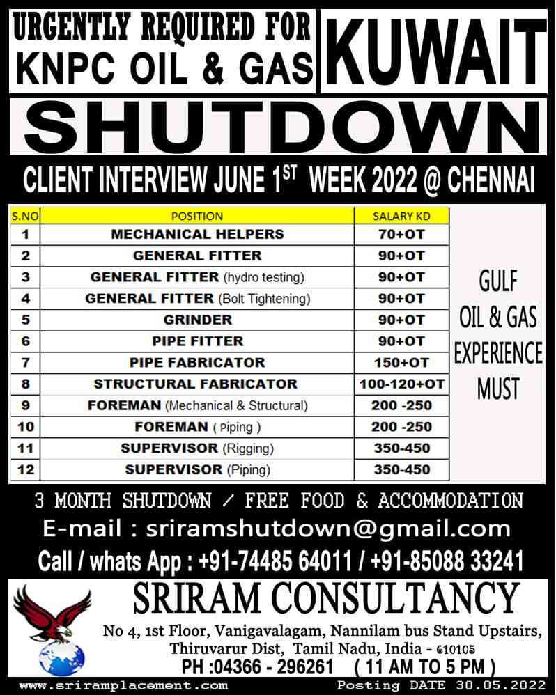 Abroad Interview  Urgently required for Knpc oil & gas shutdown project - Kuwait