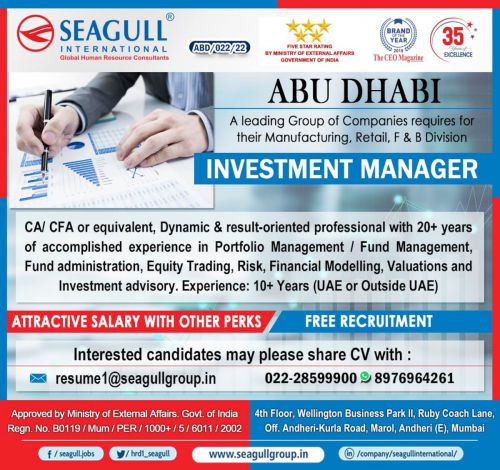 Gulf Job Vacancy | Hiring For Investment Manager In Abu Dhabi
