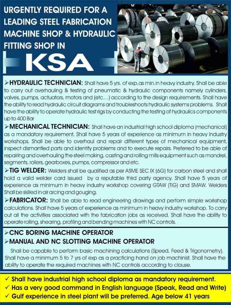 You are currently viewing M.Gheewala Global | Required for steel fabrication machine & hydraulic fitting shop – KSA