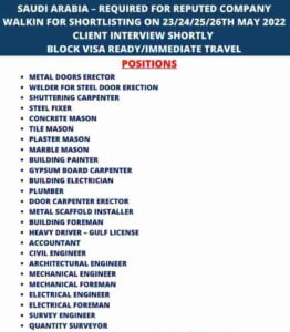 Walkin Interview Required For Different Posts in Top Reputed Company - Saudi Arabia