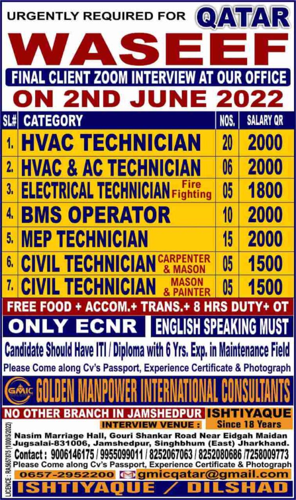 Walkin interview  Urgently required for technician ItiDiploma - Qatar