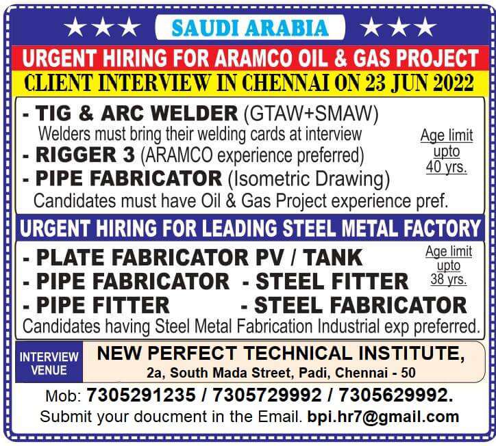 Aramco  Urgent hiring for Aramco oil & gas project - Saudi Arabia
