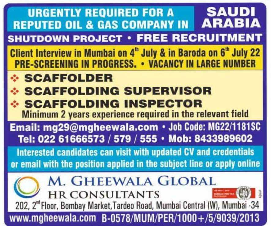 Free Recruitment  Hiring for shutdown oil & gas Projects - Saudi Arabia  