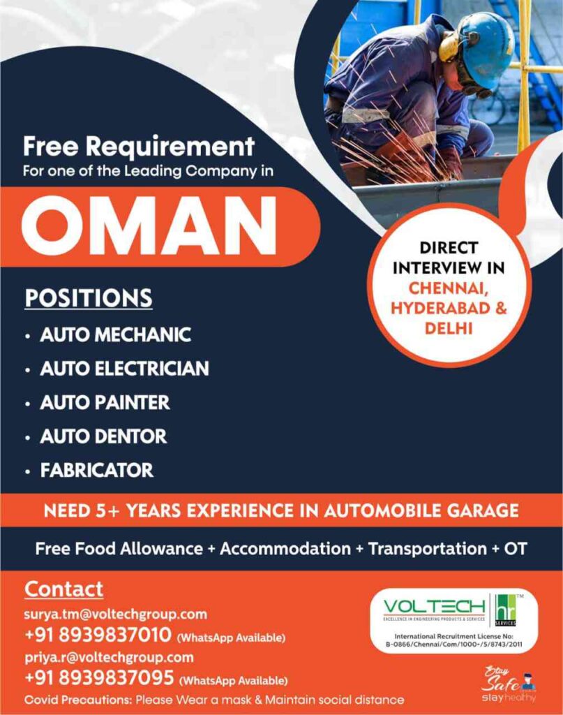 Free Recruitments  Hiring for Automobile garage in different Positions in Oman. 