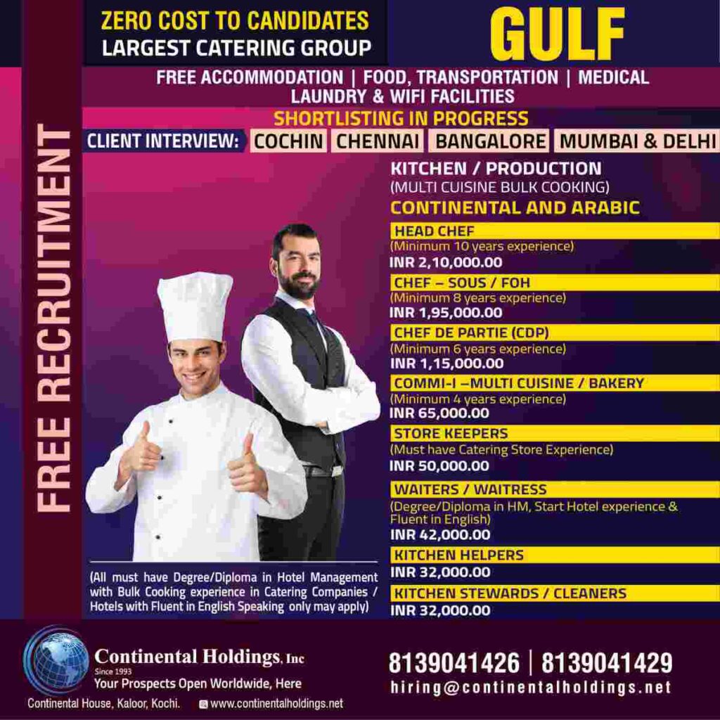 Free Recruitments  Hiring for largest catering group in Gulf