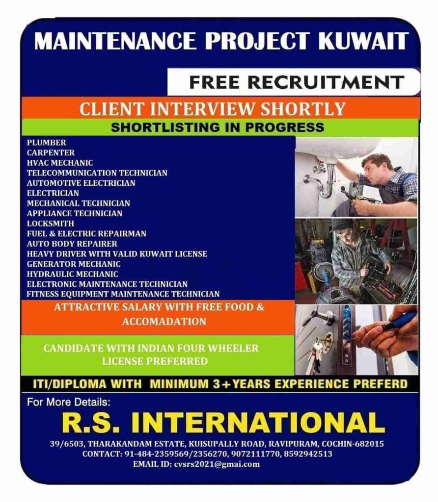 Free Recruitments  Want for Maintenance projects in Kuwait