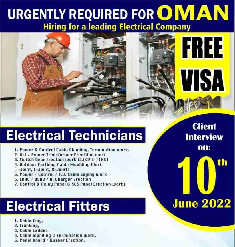 Free Visa Urgently requirement for leading electrical company - Oman