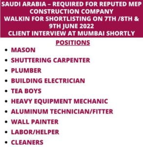 Gulf Classified Times Hiring for reputed construction company - Saudi Arabia