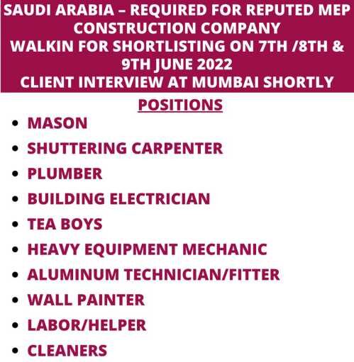 You are currently viewing Gulf Classified Times | Hiring for reputed construction company – Saudi Arabia