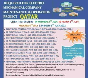 Gulf Vacancy Want for mechanical maintenance & operation project - Qatar