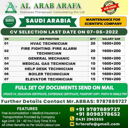 Recruitment For Gulf  Urgently hiring for maintenance in scientific company - Saudi Arabia