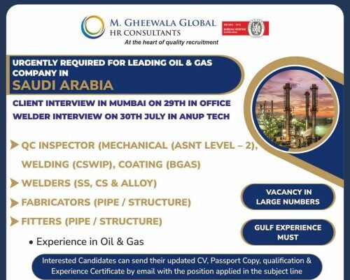 Abroad Interview Hiring for leading oil & gas co - Saudi Arabia