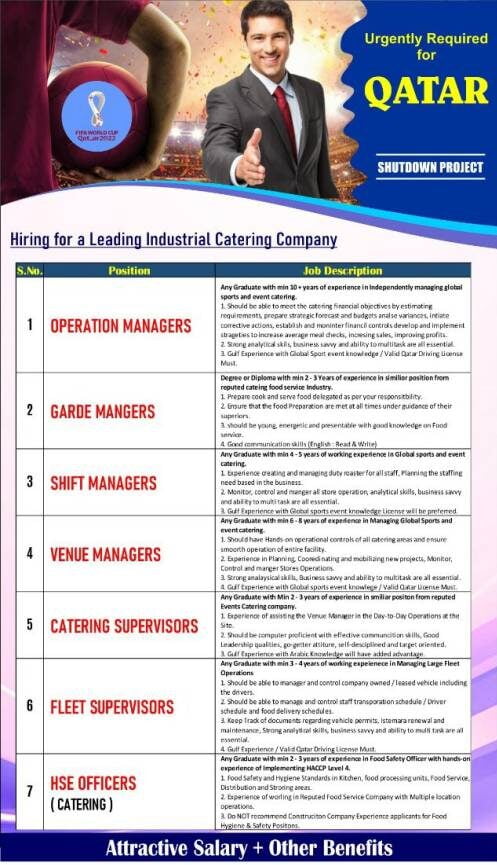 Abroad Interview Urgent hiring for catering company - Qatar