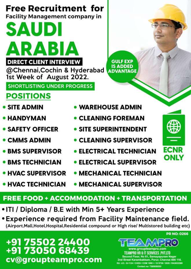 Free Recruitments  Hiring for Facility Management - Saudi Arabia