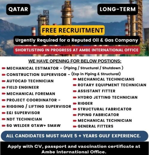 Read more about the article Free Recruitments | Hiring for oil & gas company – Qatar