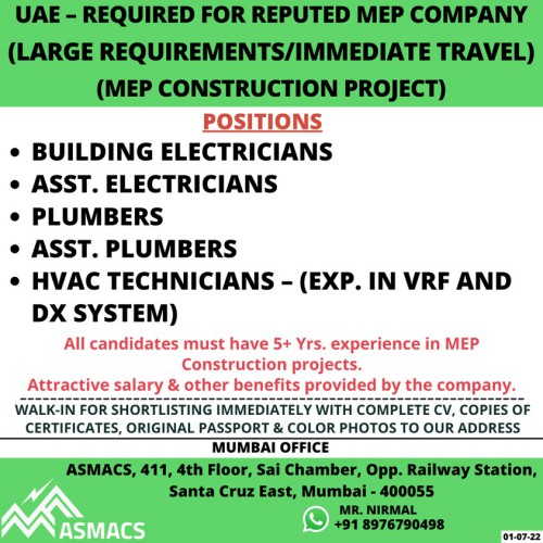 Gulf job vacancy  Required for MEP construction project - UAE