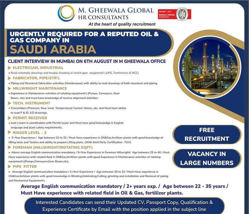 Gulf job vacancy Urgently hiring for oil & gas company - Saudi Arabia