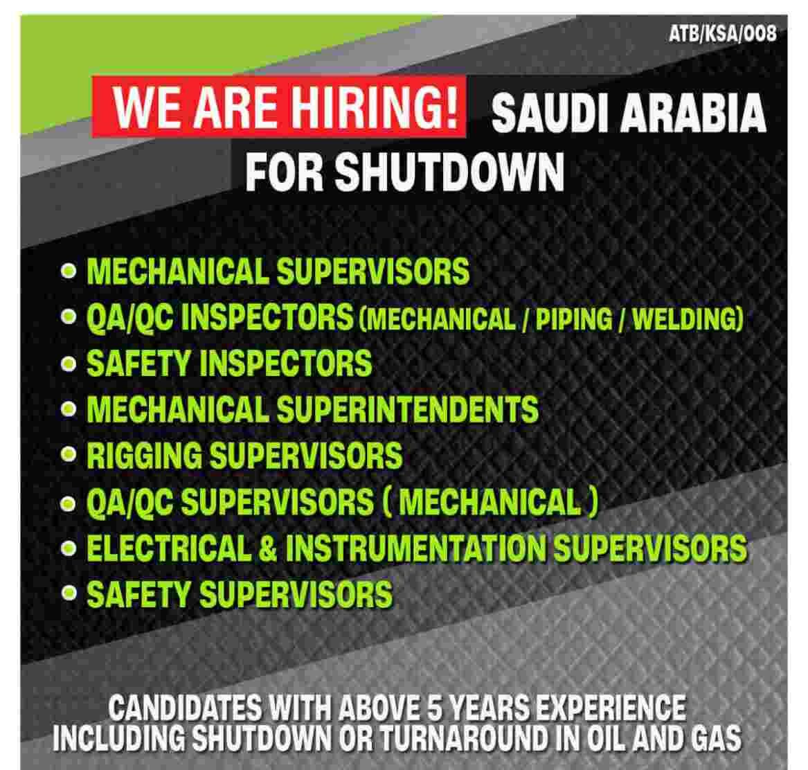 Read more about the article Gulf jobs vacancy | Vacancies for Shutdown project – Saudi Arabia