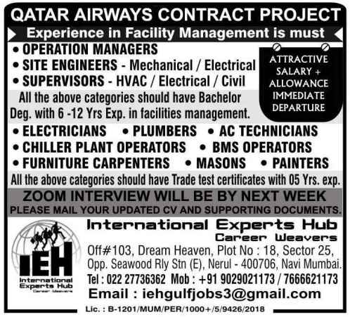 Abroad Interview  Hiring for Airways contract projects in Qatar