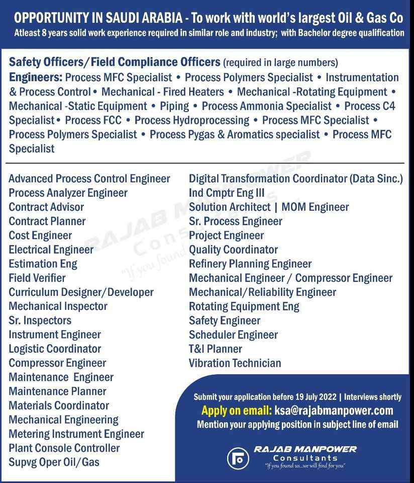 You are currently viewing Abroad Jobs | Hiring for reputed oil & gas projects – Saudi Arabia