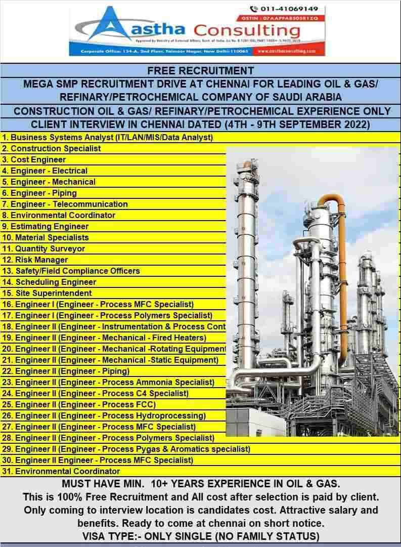 Free Recruitment Want for PetrochemicalRefinery - Saudi
