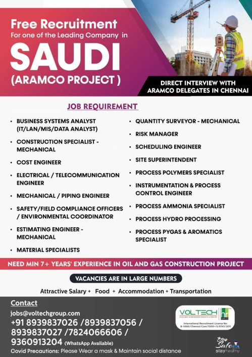 Free Recruitments  Want for ARAMCO Project - Saudi Arabia