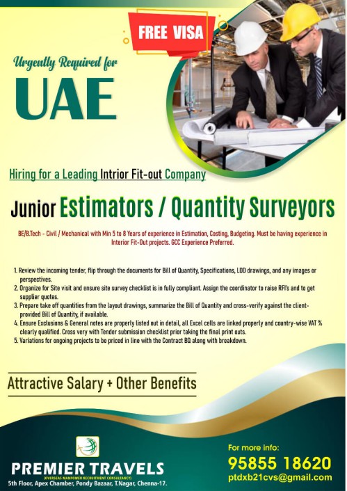 Free Visa  Urgently hiring for Interior fit out company in UAE