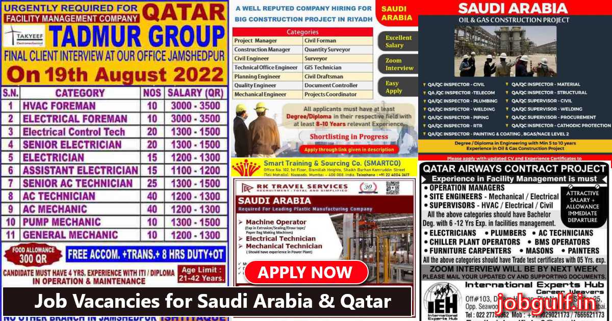Gulf Jobs - Large vacancies for Qatar & Saudi Arabia