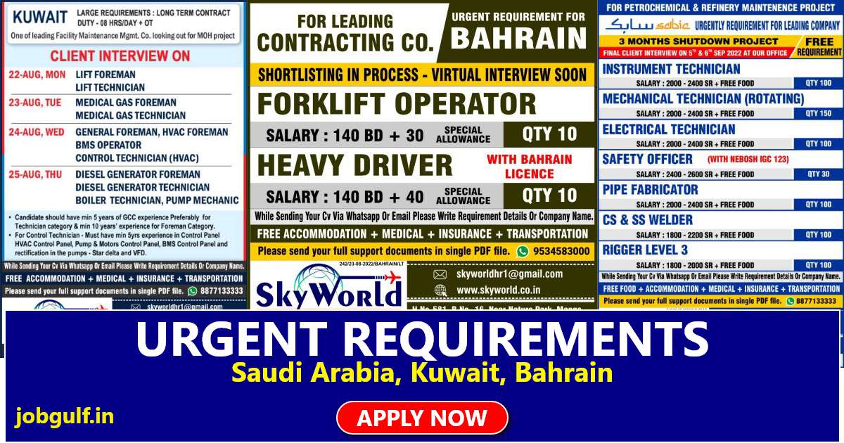 You are currently viewing Gulf Jobs | Want  for Saudi Arabia, Bahrain & Kuwait