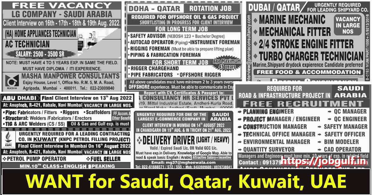 Read more about the article Gulf job Mumbai | Hiring for Saudi / Qatar / Kuwait / UAE