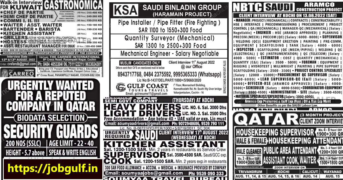 Gulf job Walkin - Kuwait Saudi Qatar and UAE Jobs