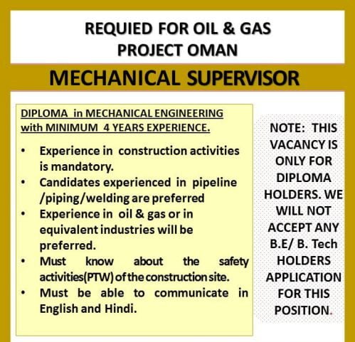 Gulf job vacancy Required for oil & gas project in Oman