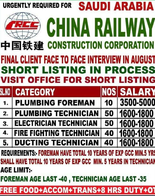 Railway Jobs Urgently hiring for the construction projects in Saudi