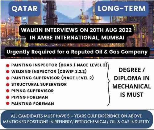 Read more about the article Walk-in-Interview | Want for Oil & gas company – Qatar