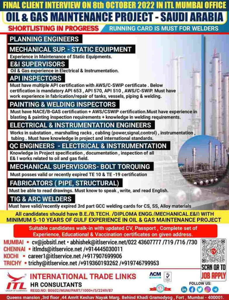 Abroad Interview  Hiring for Oil & Gas Maintenance projects - Saudi Arabia