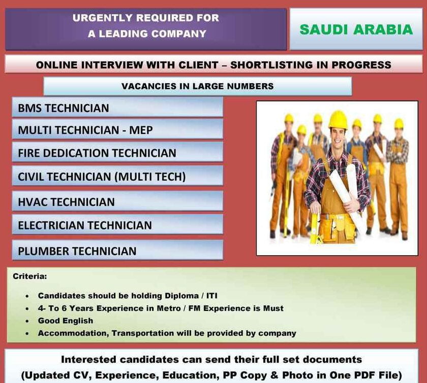 Abroad Jobs Urgently required for Technicians in Saudi