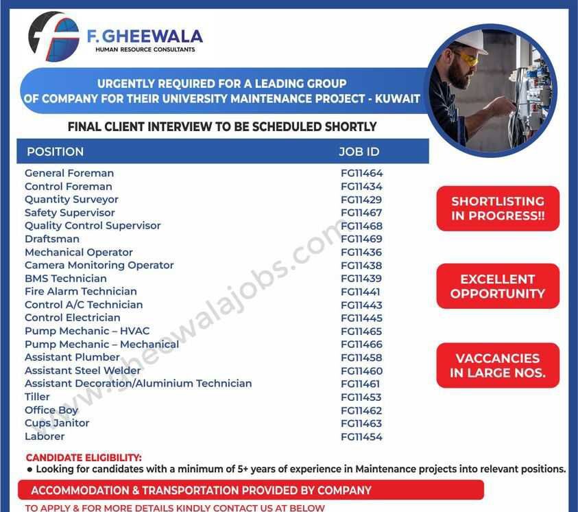 F. Gheewala Required for University maintenance project - Kuwait