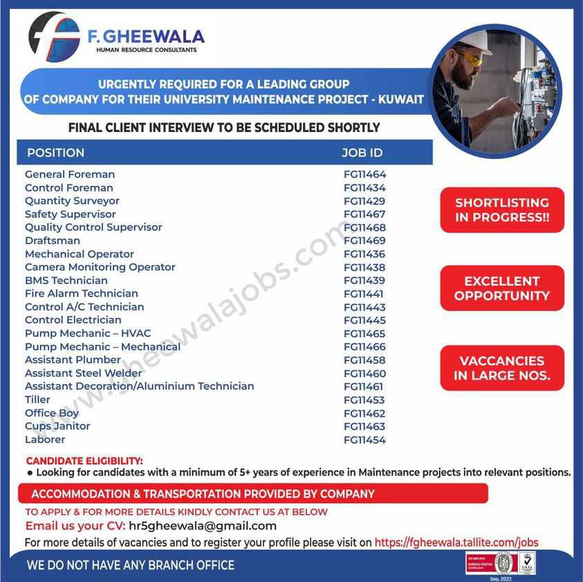 F. Gheewala  Required for University maintenance project - Kuwait