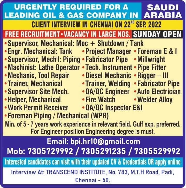 Free Recruitments  Urgent required for oil & gas co - Saudi Arabia