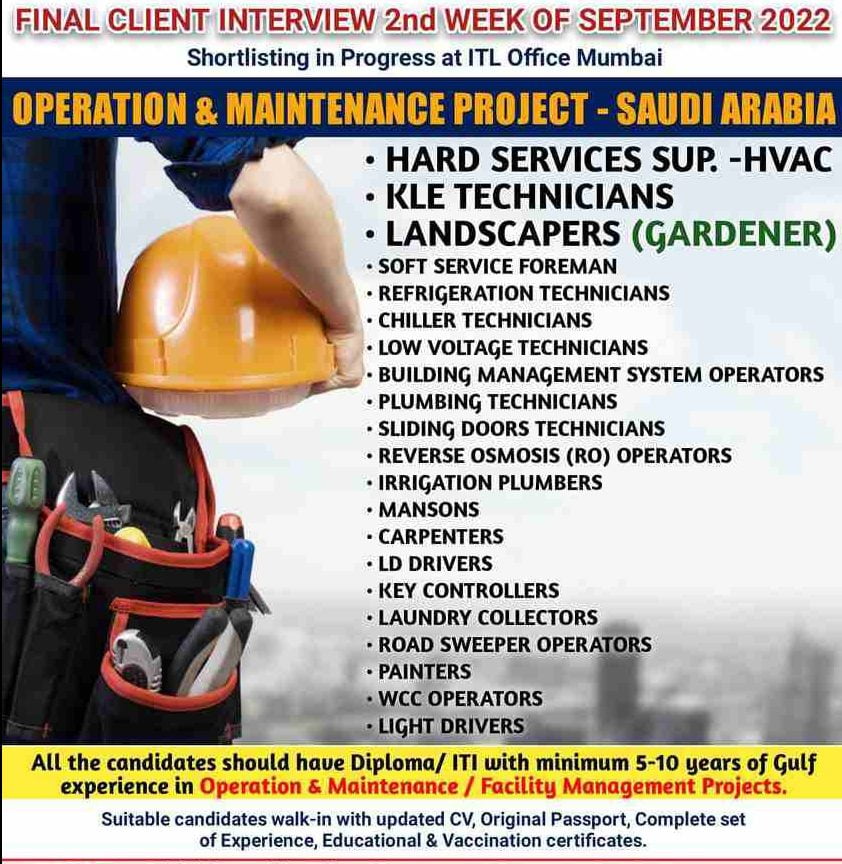 Gulf Interview Hiring for Operation & Maintenance projects - Saudi