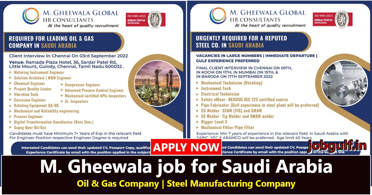 Read more about the article Gulf Job Mumbai | Want for Saudi Arabia – Oil & Gas and Steel Company