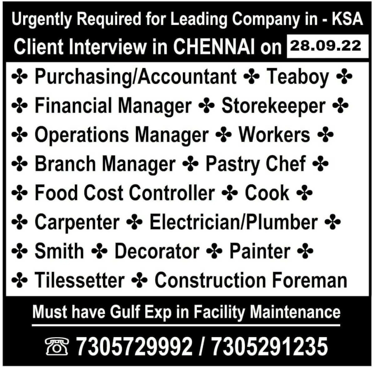 You are currently viewing Gulf Jobs | Required for leading Company in Saudi Arabia