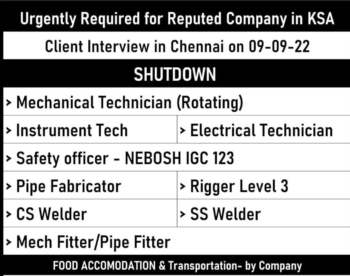 Read more about the article Gulf Vacancy | Want for Technicians in Saudi Arabia