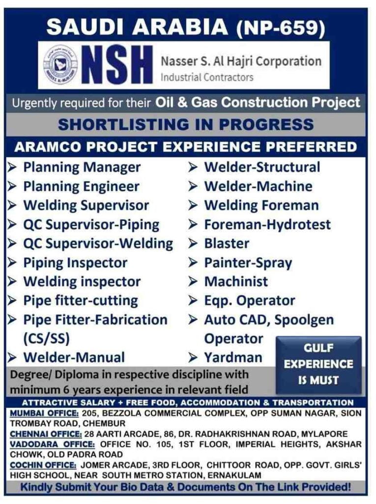 Gulf job vacancy  Hiring for oil & gas construction project