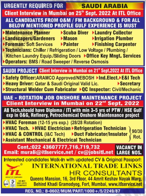 Gulf job vacancy  Required for Maintenance Projects in Saudi & UAE.