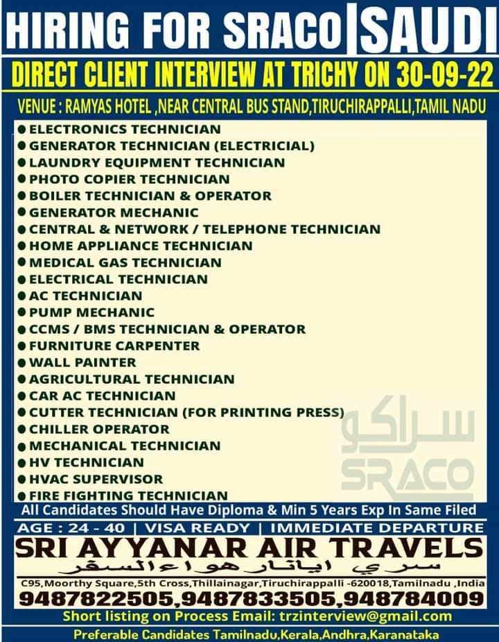 Read more about the article Hiring for SRACO Saudi Arabia – Trichy Interview